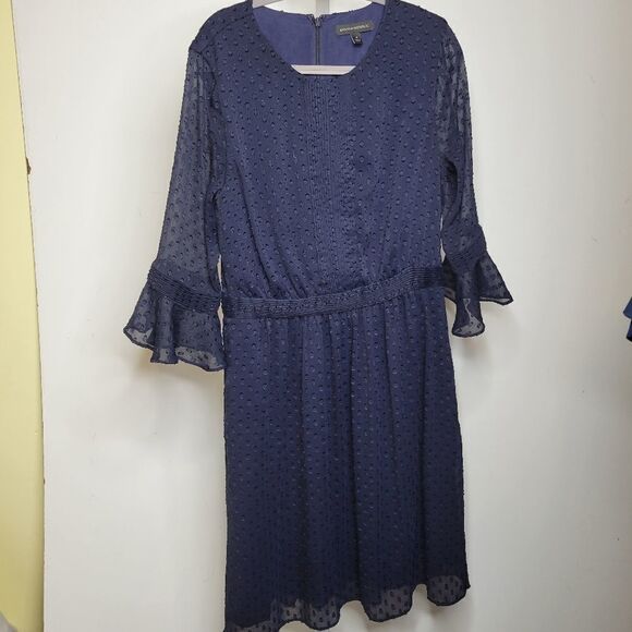 4 BANANA REPUBLIC CLASSIC CHIFFON SWISS DOT FLUTTER SLEEVE NAVY BLUE LINED DRESS - Picture 8 of 14